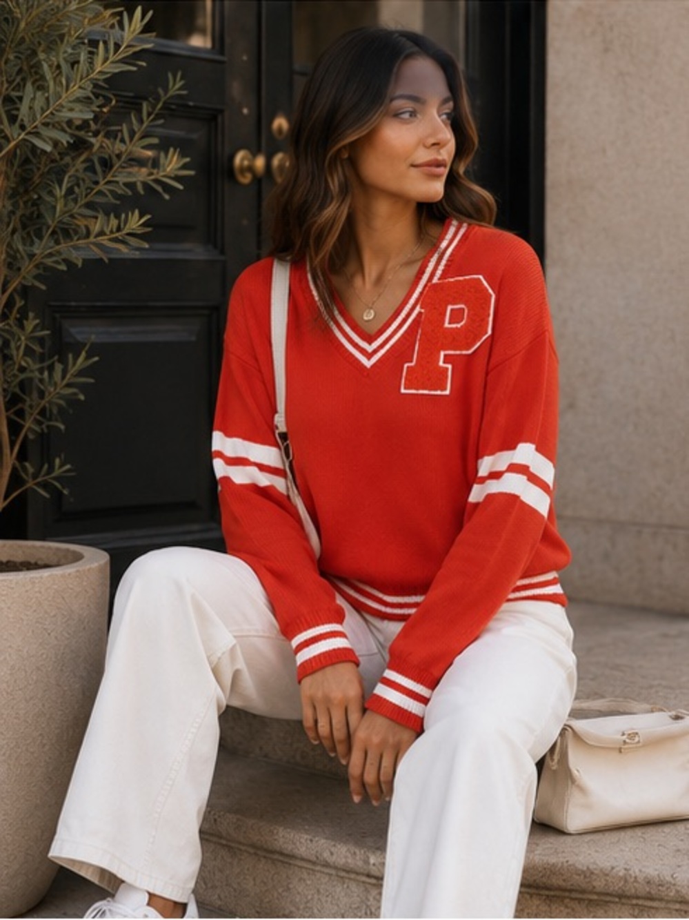 ShopEvelynne Red V-Neck Varsity Sweater with White Stripes and 'P' Patch